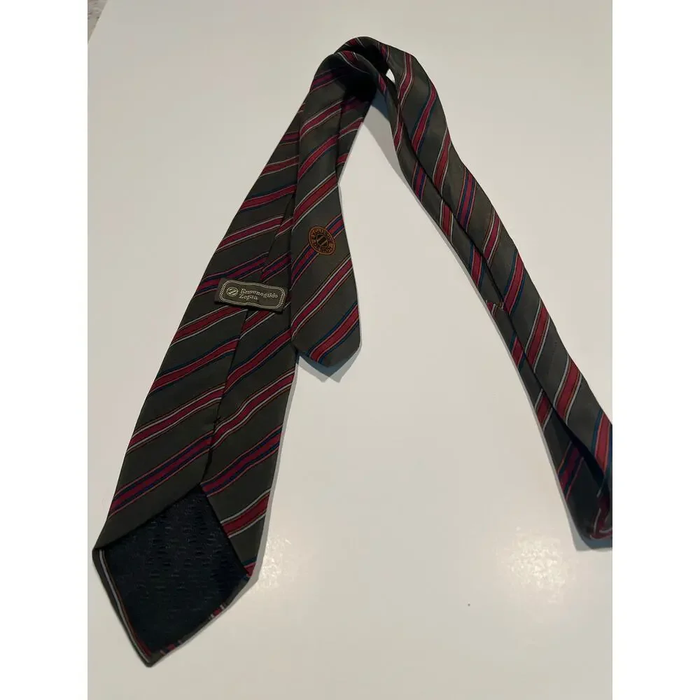 Ermenegildo Zegna Men’s Silk Necktie Dark Gray Red Gold JL